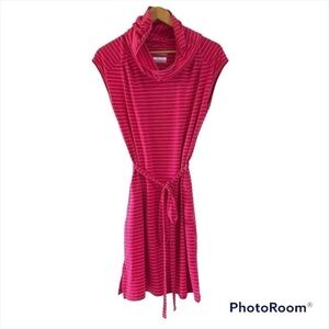 COLUMBIA Striped Summer Sleeveless pink exercise dress. Hooded & pockets. Small